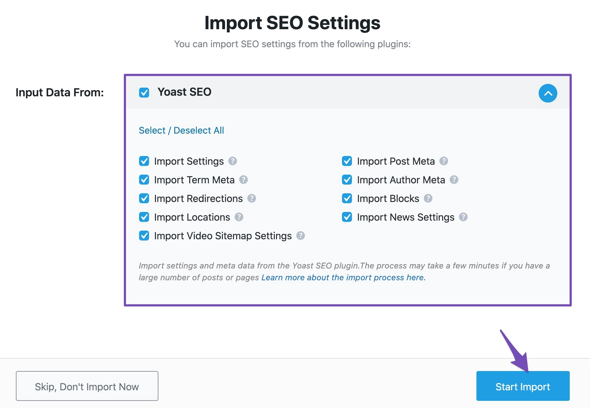 Import SEO settings by Rank Math plugin