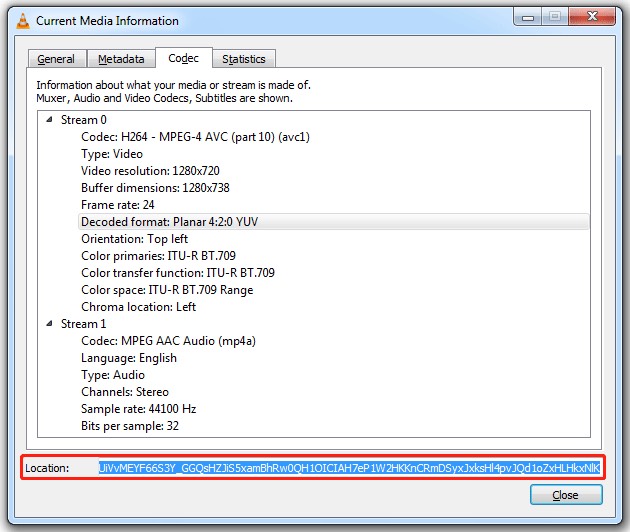 Copy the location field in Codec Information tab in VLC Media Player
