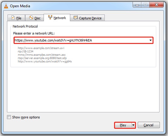 Paste YouTube video link in the Network tab in VLC Media Player