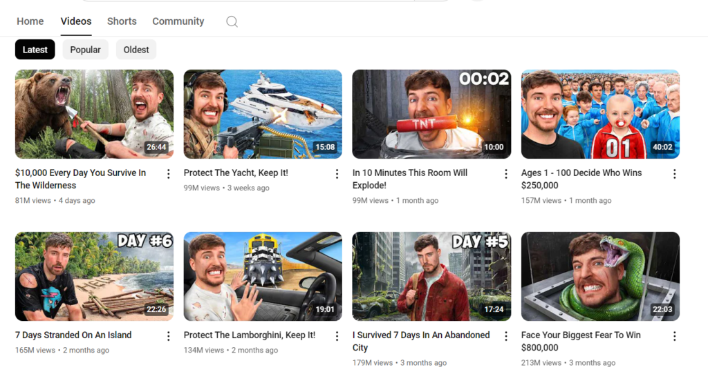 MrBeast Videos Titles and Thumbnails